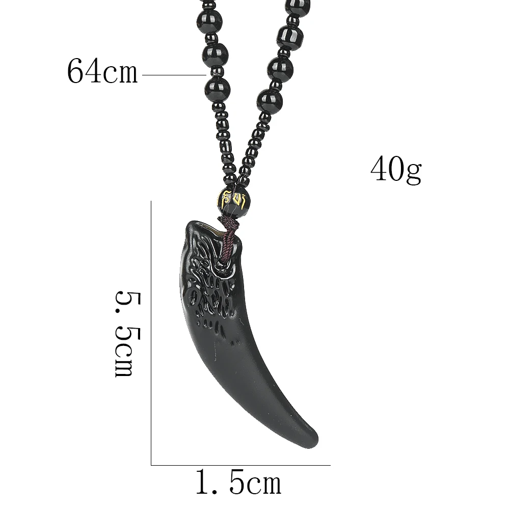 Natuurlijke Obsidiaan Carving Wolf Tand Vorm Black Spacer Kralen Ketting Ketting Crescent Moon Unisex Paar Hanger Charmes Sieraden