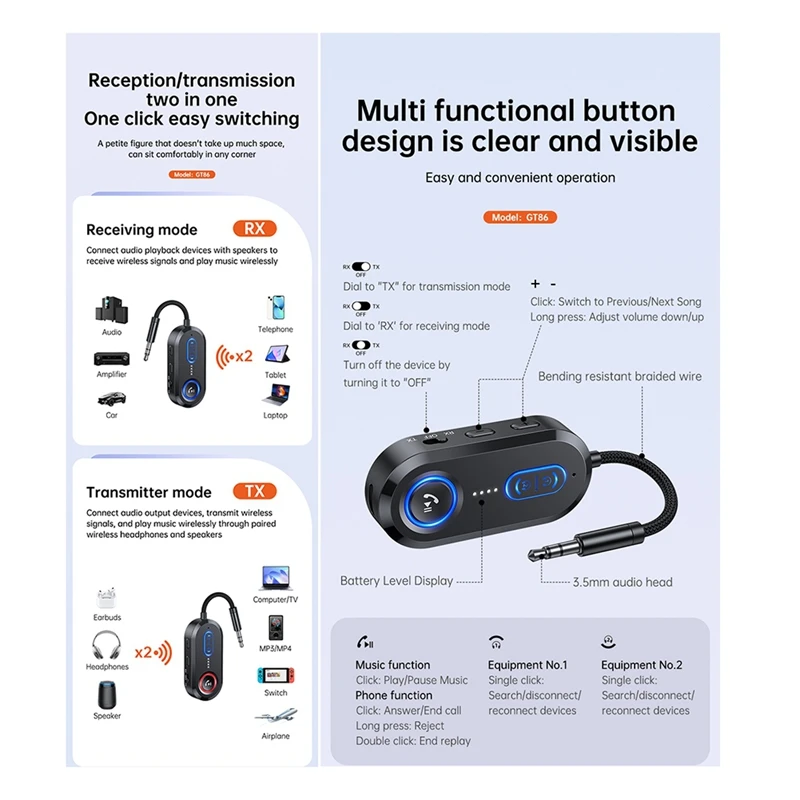 Super Sale Bluetooth 5.4 Audio Transmitter Receiver 3.5mm Stereo Wireless Adapter with Mic for Car Airplane TV PC Headphones