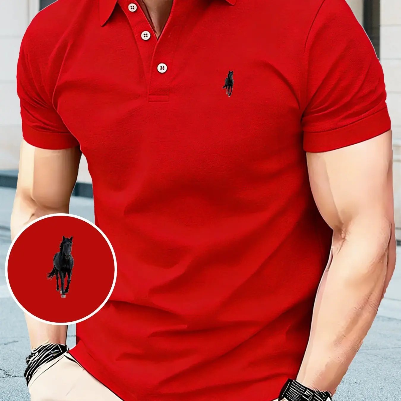 Schwarzes Herren-Poloshirt mit Pferdemotiv, Kurzarm, 100% Polyester, Atmungsaktiv, Golf, Freizeit, Outdoor, Knopfleiste, Reverskragen
