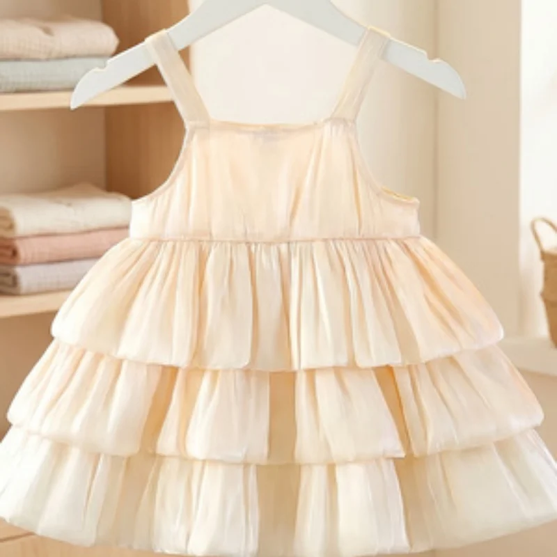 Toddler Girls Shiny Satin Cami Dress Baby Kids Large Bow 3 Layer Ruffle Cake Skirt Children Infant Birthday Party Holiday Outfit