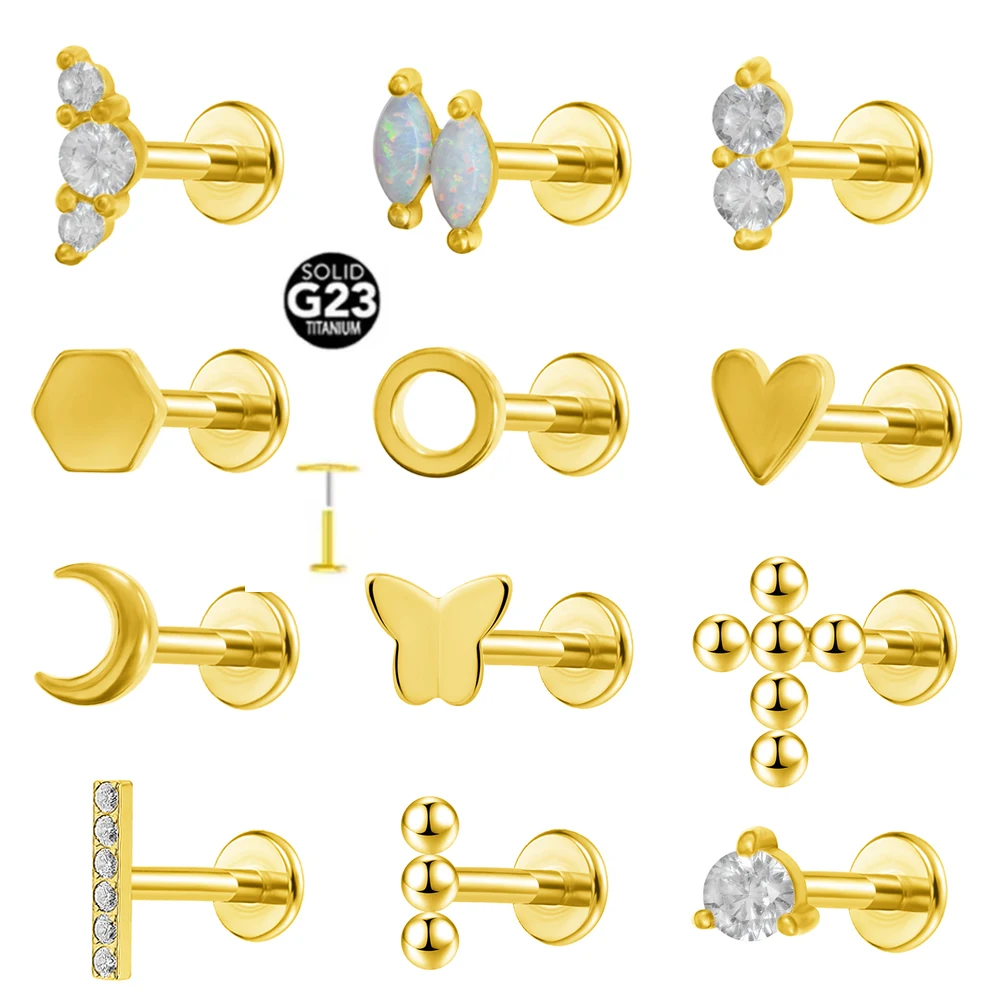 ASTM F136 G23 التيتانيوم القمر ثقب أوبال القرط مسمار دائرة دفع في الخيوط مسدس Labret 16/18/20 جرام الغضروف مجوهرات للجسم