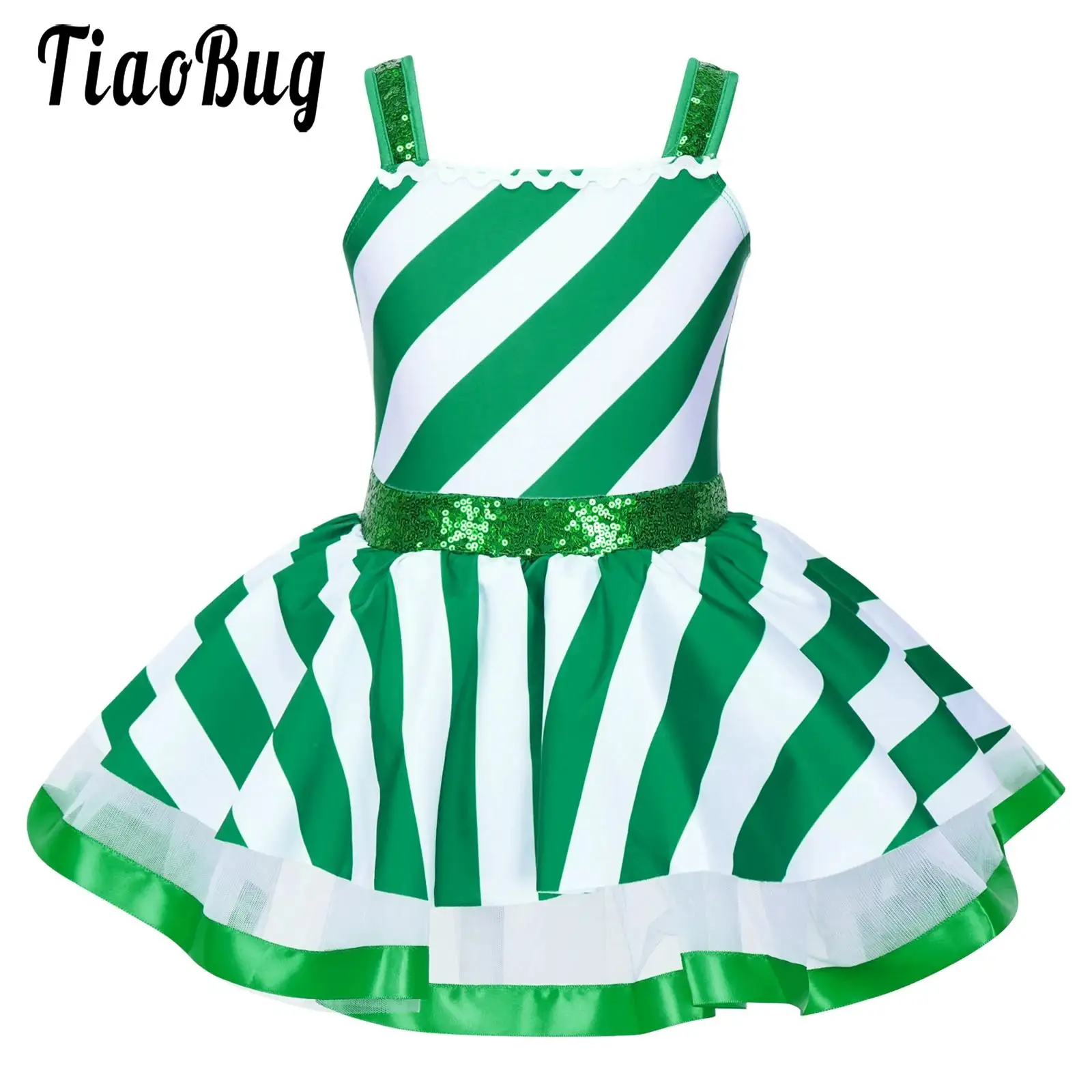 Kids Girls Christmas Halloween Dance Costume Candy Cane Santa Claus Leotard Tutu Dress Sequin Striped Evening Birthday Dancewear