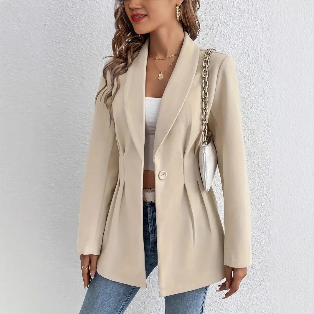 Women Blazer Solid Color Single Button Beige Blazers Long Sleeve Notched Lapel Pink Suit Jacket Cropped Fit Brown Dress Jacket