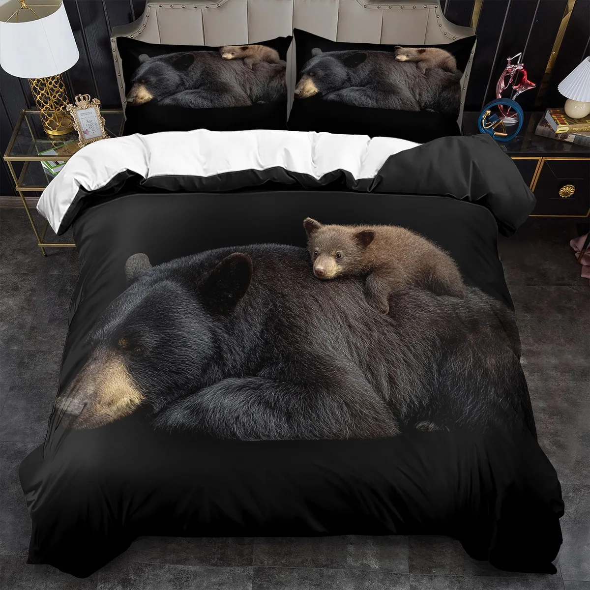 Black Bear Duvet Cover Set Mother Bear and Baby Bear Duvet Cover Set Multi Size Quilt Cover Queen Size Bedroom Bedding Decoration Machine Washable Adult Boy Girl Bedroom