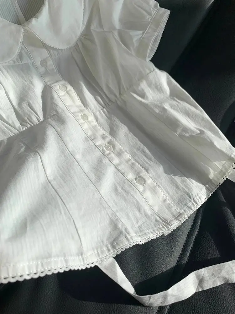Deeptown Kawaii Blus Gaya Preppy Wanita Kemeja Putih Kerah Peter Pan Manis Gaya Jepang Atasan Vintage Lolita Lucu Slim Up