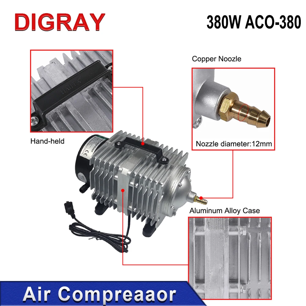 Bomba de ar solenóide do compressor de ar DIGRAY 380W, ACO-380 para máquina de gravação e corte a laser CO2.