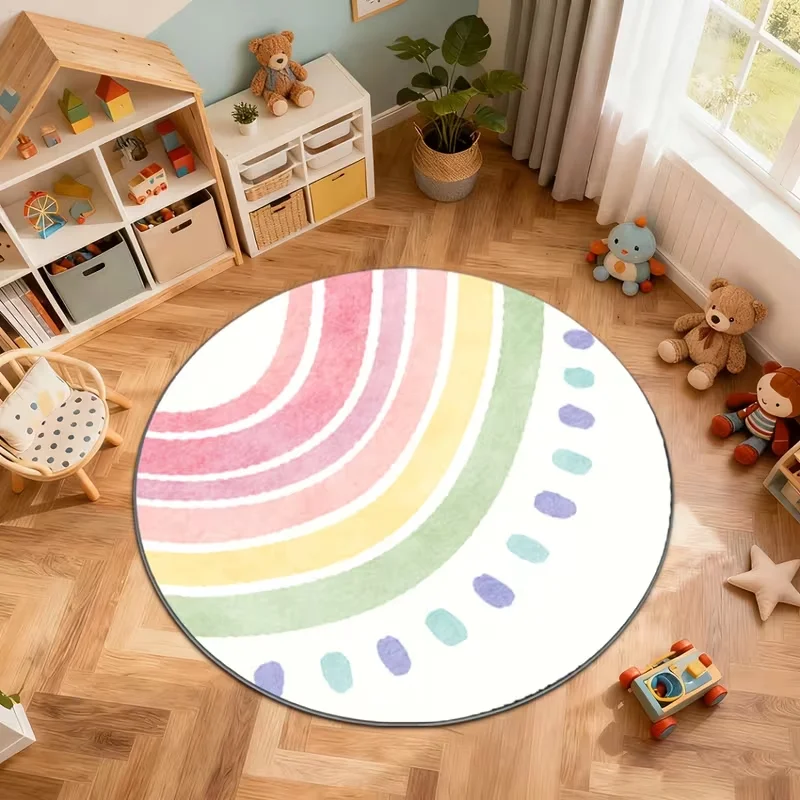 Pastel Macaron Curved Rainbow Doodle Dot Round Rug Non Slip Soft Circular Mat Cute Colorful Pattern For Playroom Bedroom Decor