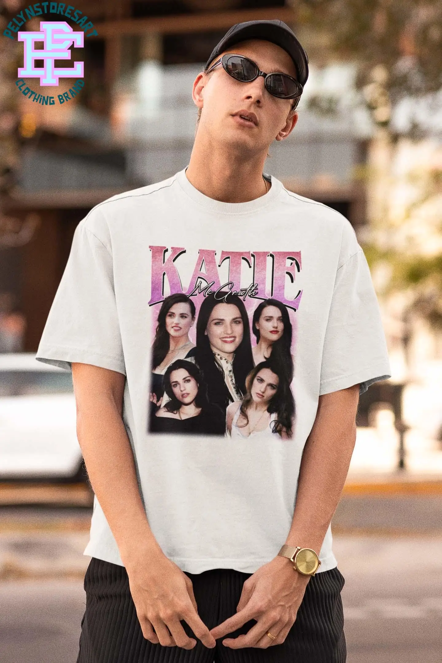 Katie McGrath Pirated , Y2K Retro Style Pattern T-shirts, Super Girl Merlin Actress Collage T-shirts, Retro TV Star Fan Gifts