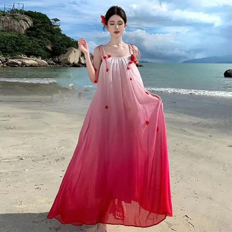 

Gradual Three-dimensional Flower Suspender Dress Loose Lace-up Dress 2025 Spring and Summer Holiday Beach Wind Women's Dress