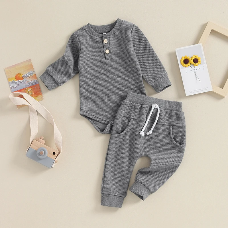 بوديكوكو-بدلة قفز وافل للبنات والاولاد ، رومبر بأكمام طويلة مع بنطال بخصر مطاطي ، بلون سادة ، من 0 إلى 12 سنة #5