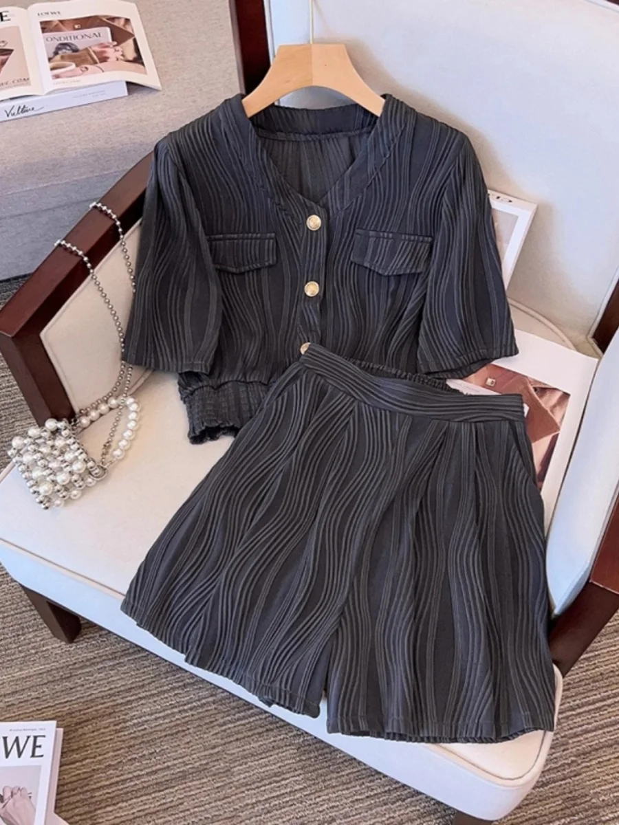 

Summer Casual Anti-Aging Pleated Short Sleeve Set plus Size Slimming Meat Concealing Trendy Women's Fashion Ensemble