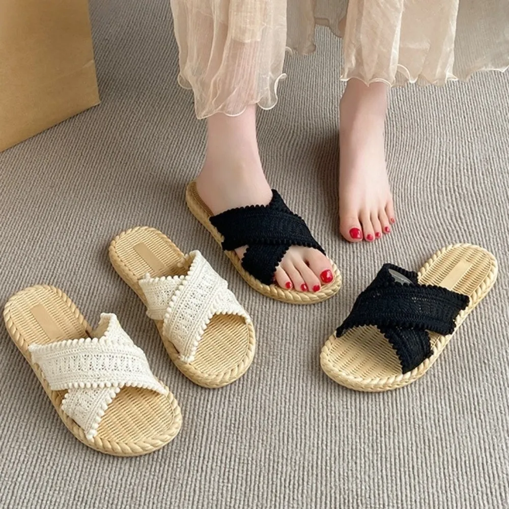 

Sweet Holiday Boho Weaving Style Slippers Non-Slip Flat Seaside Sandals PVC Shoes Vacation Beach Slippers Summer