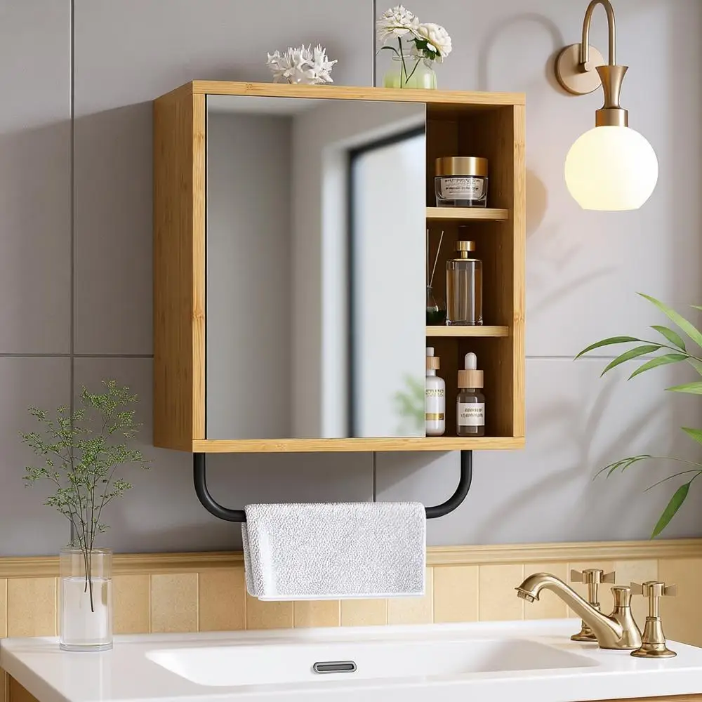 

Wall-Mounted Bamboo Medicine Cabinet with Mirror and Towel Bar for Small Bathroom Spaces