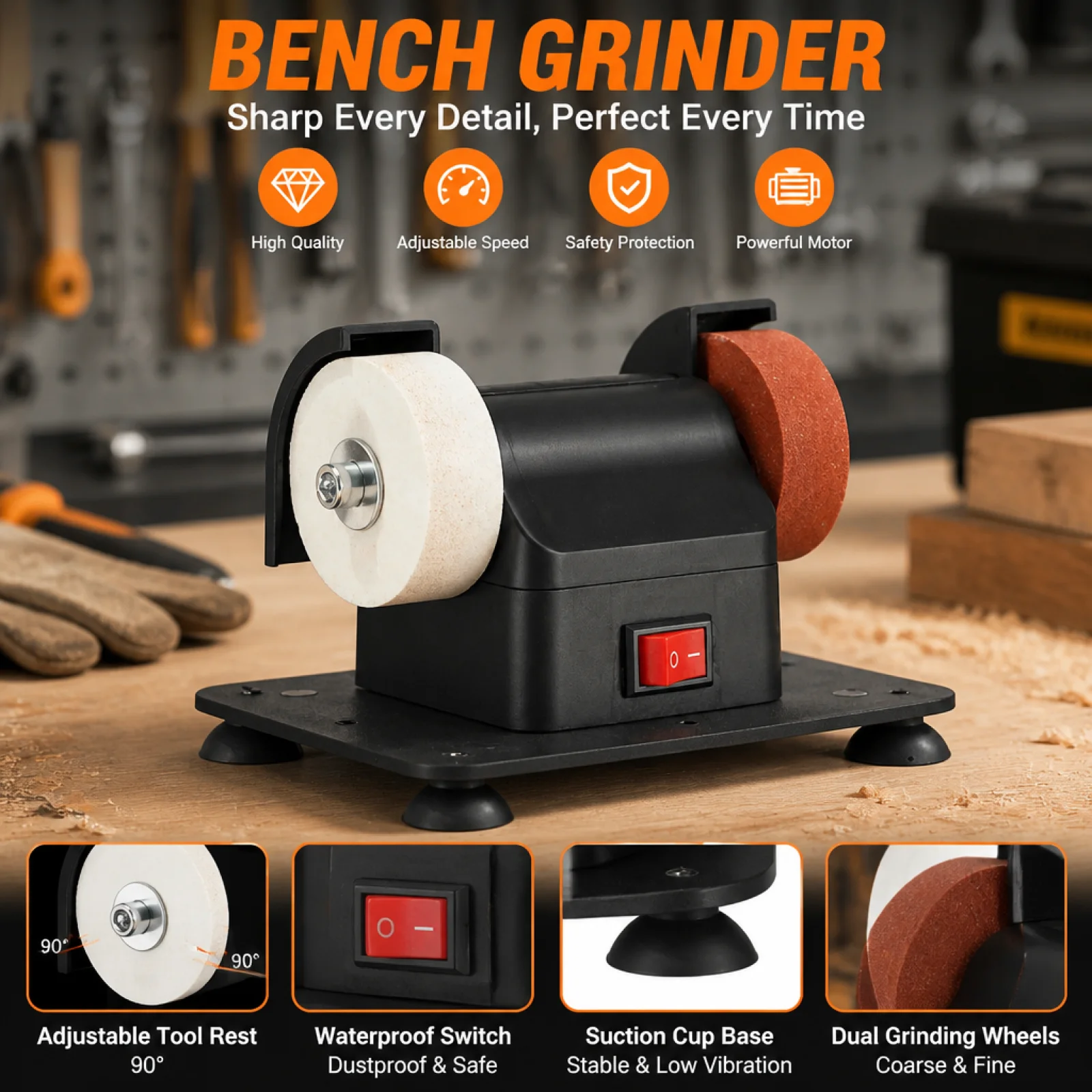 Adjustable-Speed Mini Benchtop Grinding Wheel Machine | space-saving-Saving Design Bench Grind with Two Wheels for Home Workshop