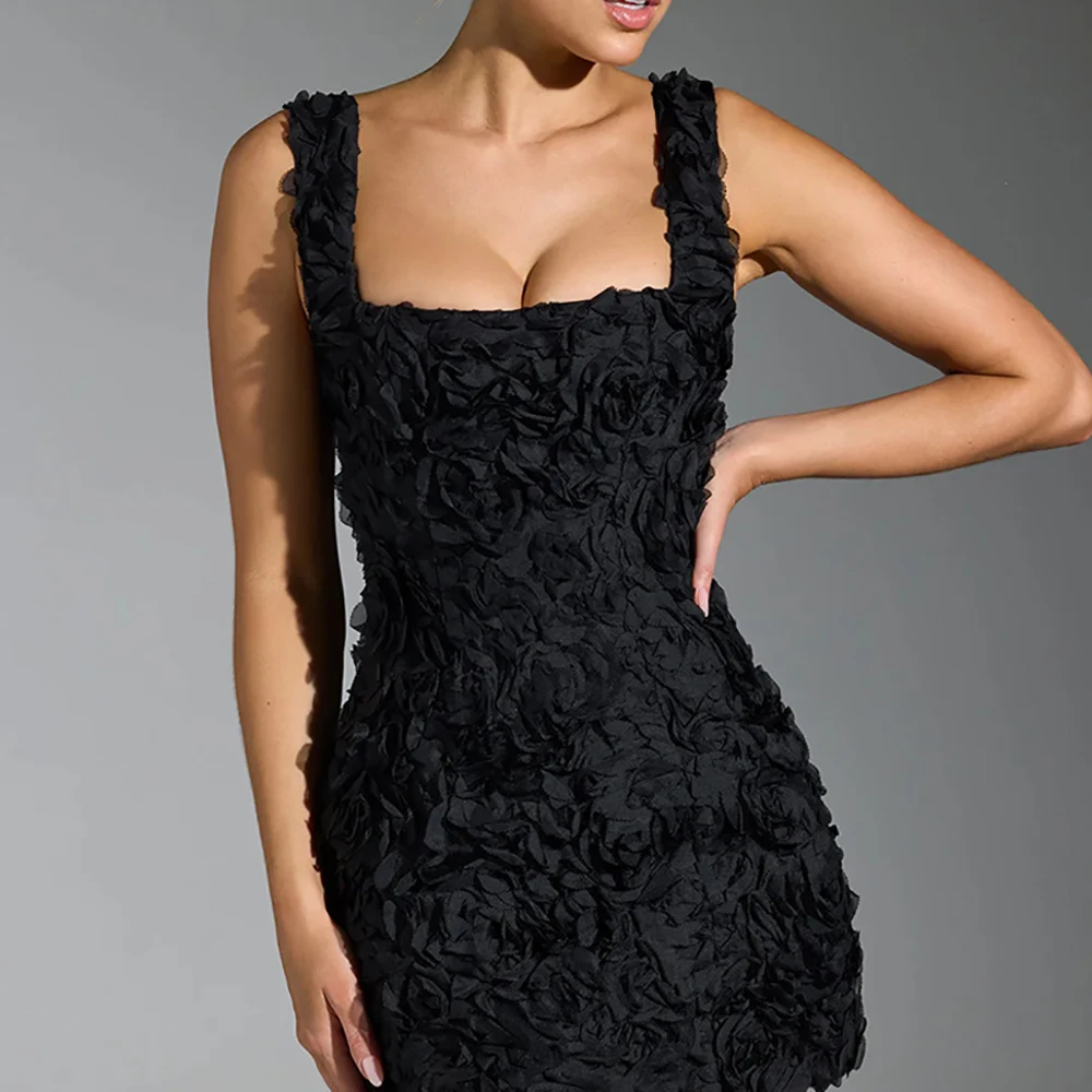 Women's Sexy Square Collar Flowers Mini Cocktail Dress Sleeveless Slim Casual Bodycon Dress Lace Up Suspenders Datting Dresses