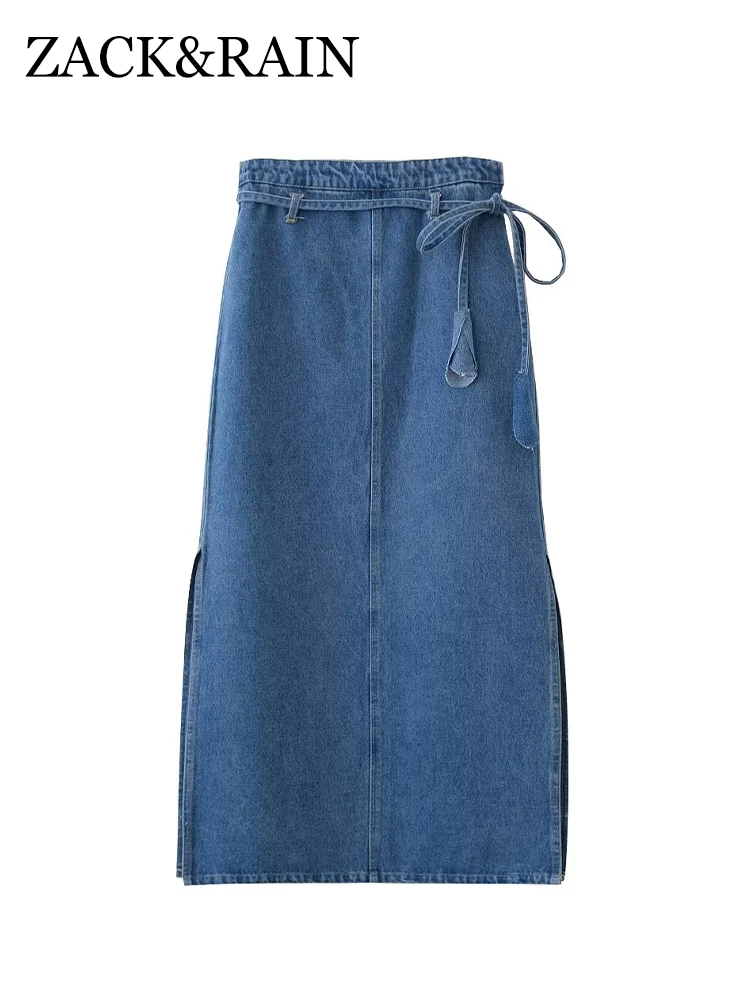 ZACK RAIN Women Blue Side Slit High Waisted Denim Half Skirt 2023 Summer Ladies Casual High Street Skirt Female Chic Bottoms