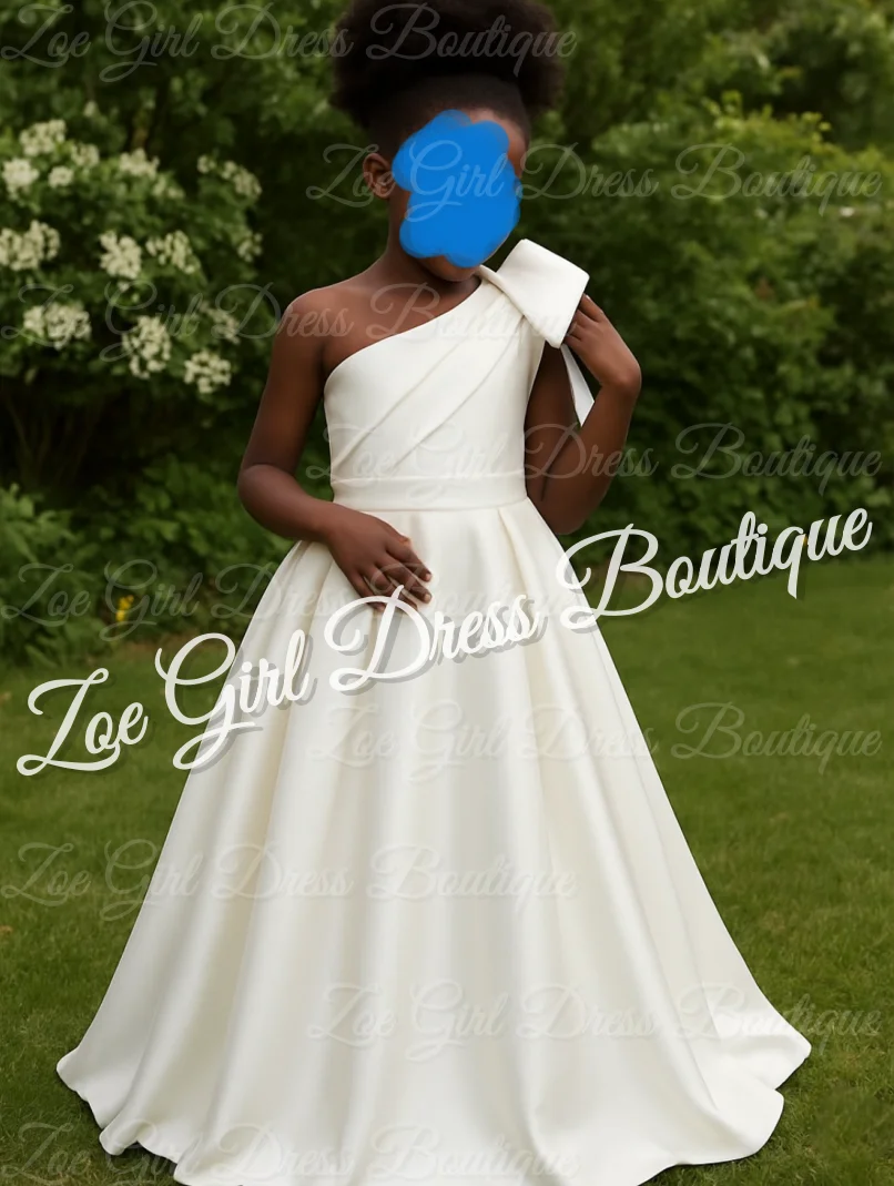 ワンショルダーフラワーガールドレス 結婚式用 リボン付き サテン フロアレングス ボールガウン ベビーガール誕生日ボールガウン カスタマイズ