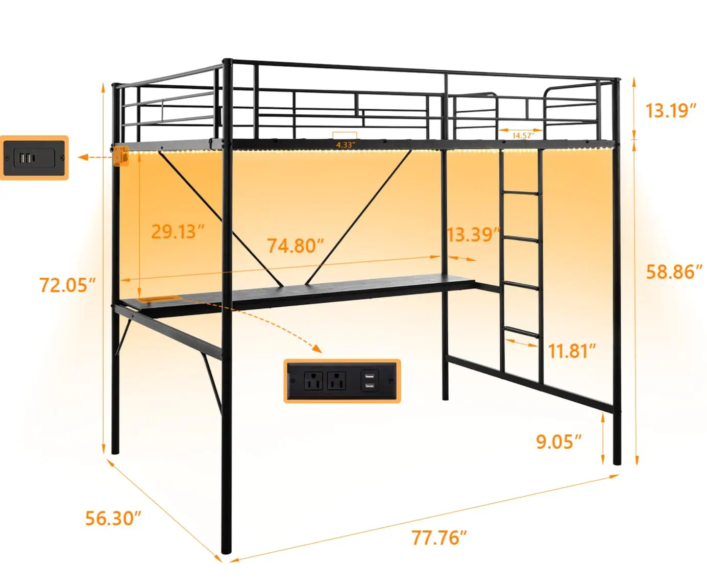 Metal Loft Bunk Bed with Desk, Charging Station, LED Lights, Guardrail & Stair, No Box Spring, Full Size, Black, Customized