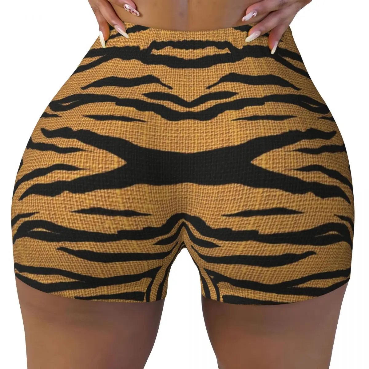 Custom Tiger Skin Print Workout Shorts Women Animal Texture Gym Volleyball Biker Yoga Shorts