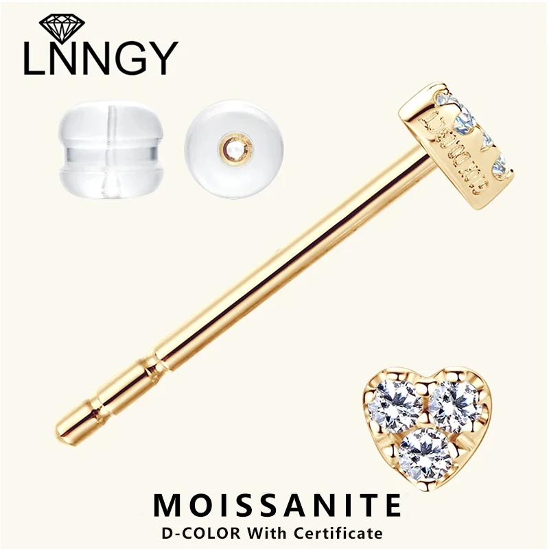 

Lnngy 0.01ct Moissanite Stud Earring With Certificate 10K Yellow Gold Heart Shape Small Earrings For Girls Birthday Jewelry Gift
