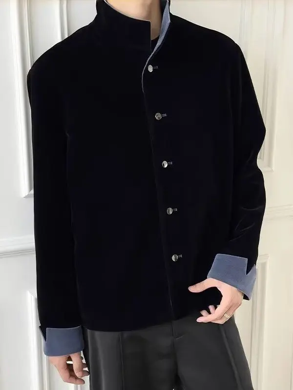 

New Chinese Sle Blue Velvet Patchwork Men's Jaet Spring Autumn Seasonal High-End Sensation Zhongan Suit Collar Stand up