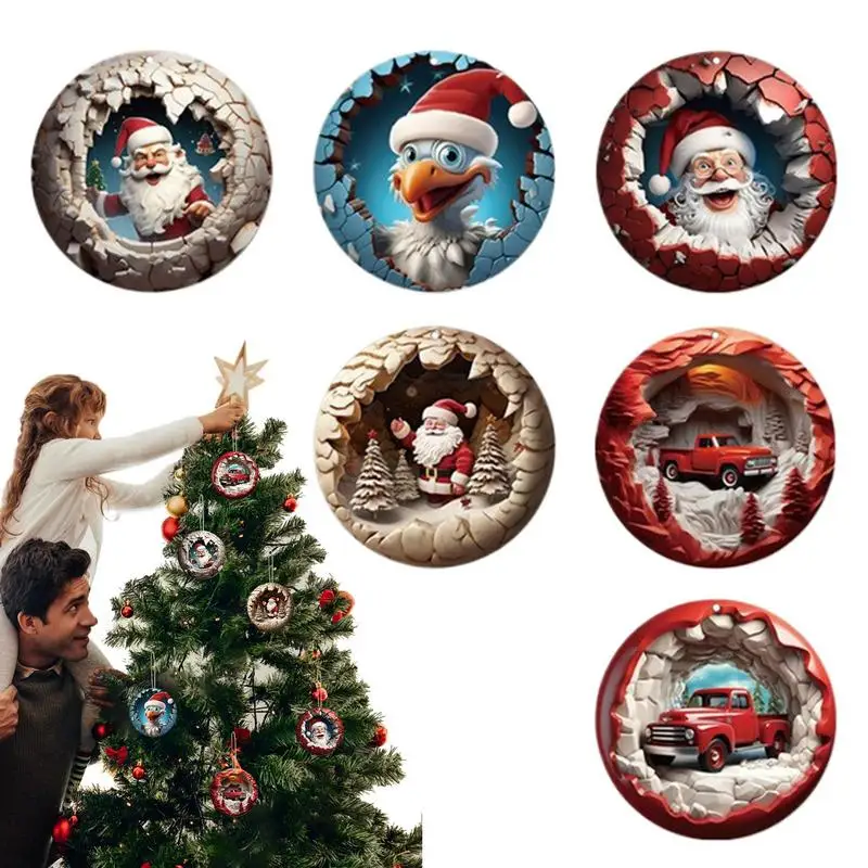 Ornamen Santa untuk pohon Natal 6X akrilik ornamen Santa Claus dekorasi musiman 2D seni liontin datar tas pesona bulat