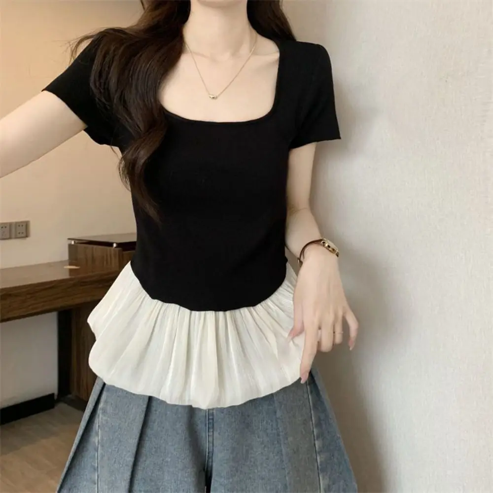 

Дышащая летняя трикотажная футболка с короткими рукавами и U-образным вырезом в стиле пэчворк, милые укороченные топы, облегающая футболка в корейском стиле с сетчатыми рюшами для девочек