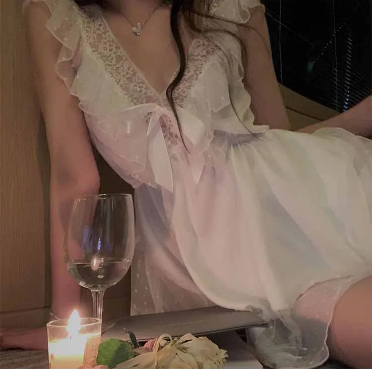 

Romantic Princ Lace Trim Spwear V-Ne Long Dr Sexy Transparent Appearances Sweet Fairy Knot Home Clothes