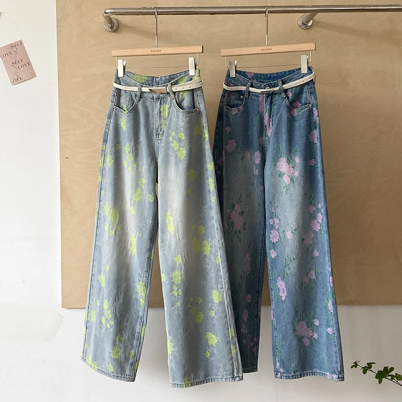 American Retro Print Straight Denim Pants Women's Versatile High Waist Loose Wide Leg Jeans Spring Summer Casual Trousers
