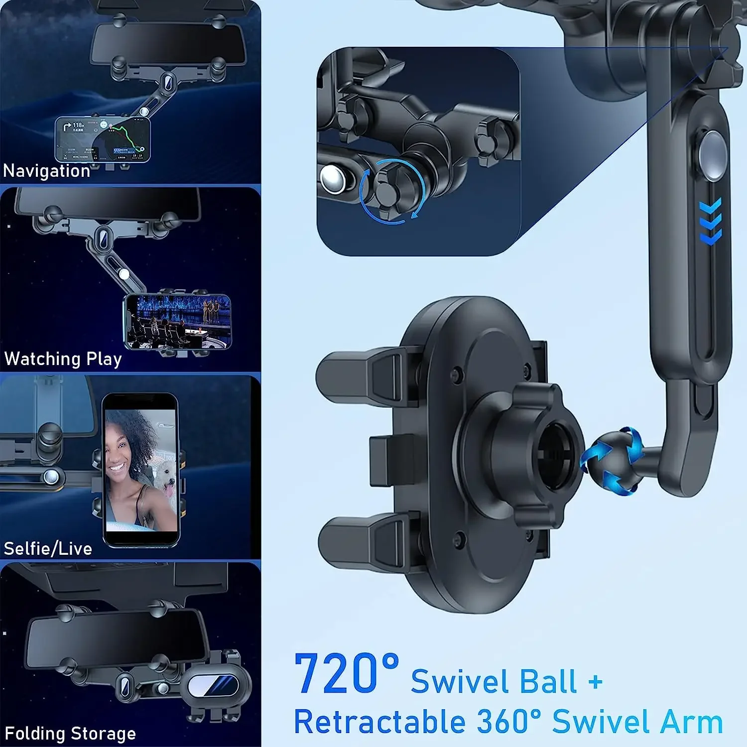 Soporte de teléfono para espejo retrovisor de coche, accesorio ajustable para navegador, giratorio de 360 °, retráctil, Universal