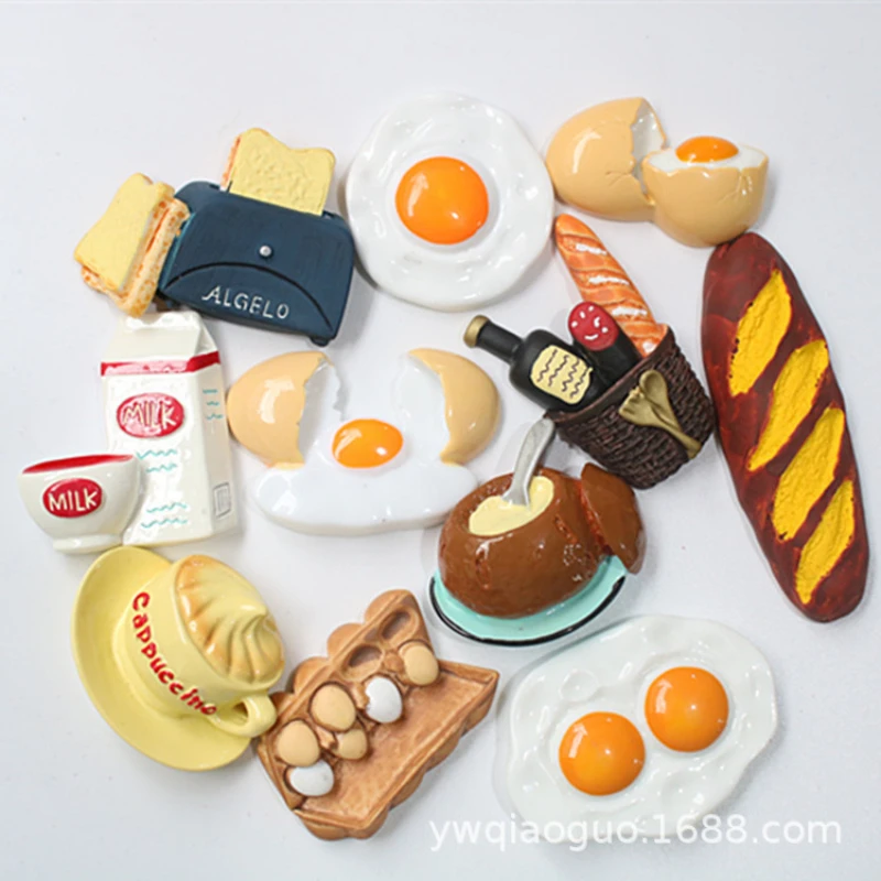 Simulação de comida café da manhã pão leite ovo geladeira ímã acessórios café assado cesta cenoura clássico diy geladeira adesivos