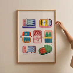 Kitchen Frameless Wall Poster, Colorful Sardines, Vintage Italian Food Canvas Painting, Dining Room Gallery Decorative Painting