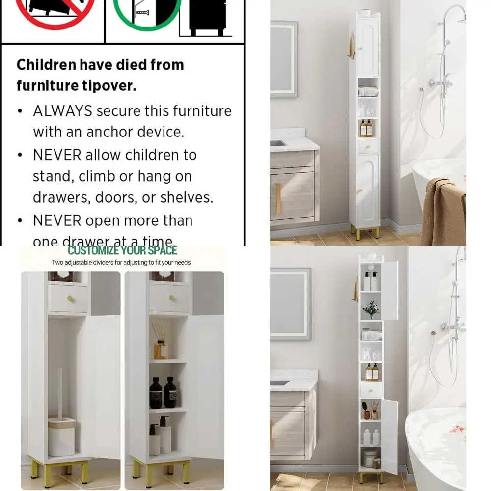 

Компактный белый высокий шкаф для ванной комнаты с регулируемыми полками, дверцами и ящиками, BC28013X