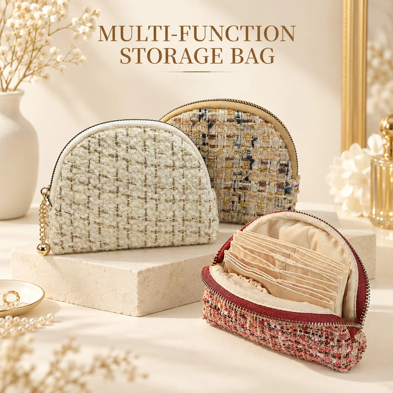 Portable Tweed Jewelry Organizer, Multi-Compartment Travel Pouch for Bracelets, Rings & Necklaces, Makeup and Card Storage