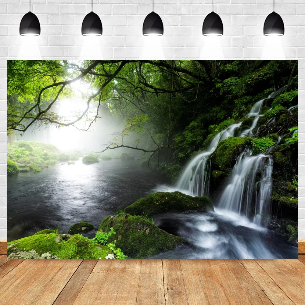 ฉากหลังสำหรับถ่ายภาพน้ำตกภูเขาฤดูใบไม้ผลิฤดูร้อนแม่น้ำทะเลสาบป่าธรรมชาติ