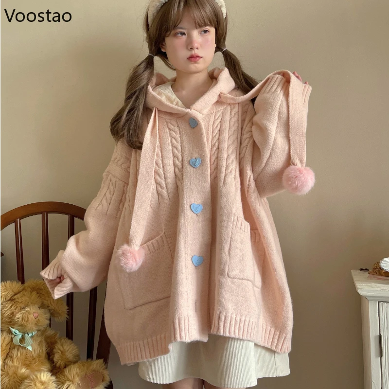 Japanese Cute Lolita Knitted Cardigan Women Harajuku Kawaii Pink Hooded Long Sweater Coat Girls Sweet Loose Pocket Knitwear Tops