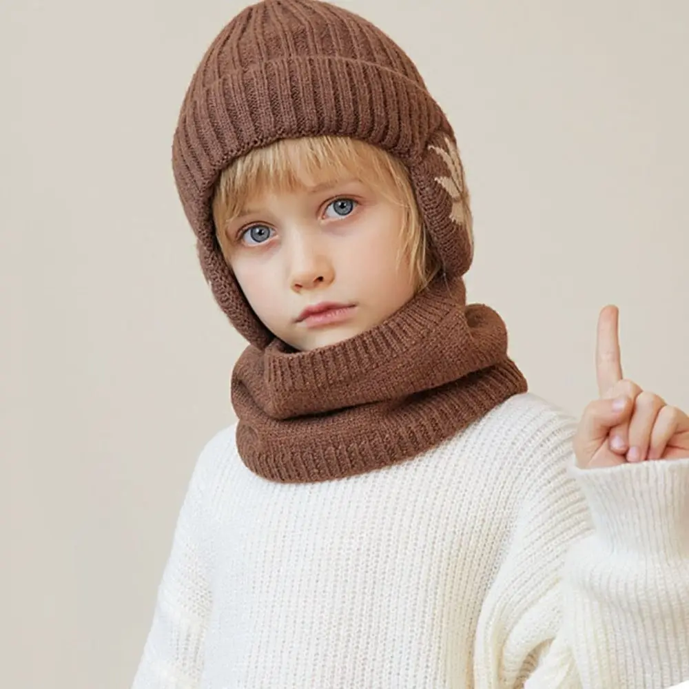 2pcs Solid Color Ear Protection Wool Caps Earflap Coldproof Scarf Hat Set Windproof Thickened Children Knitted Beanie Children