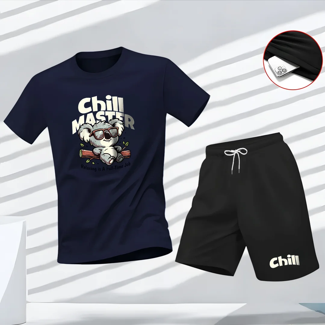 

New summer men's fashion hand-painted animal T-shirt, cute cartoon style, comfortable T-shirt, classic shorts two-piece set