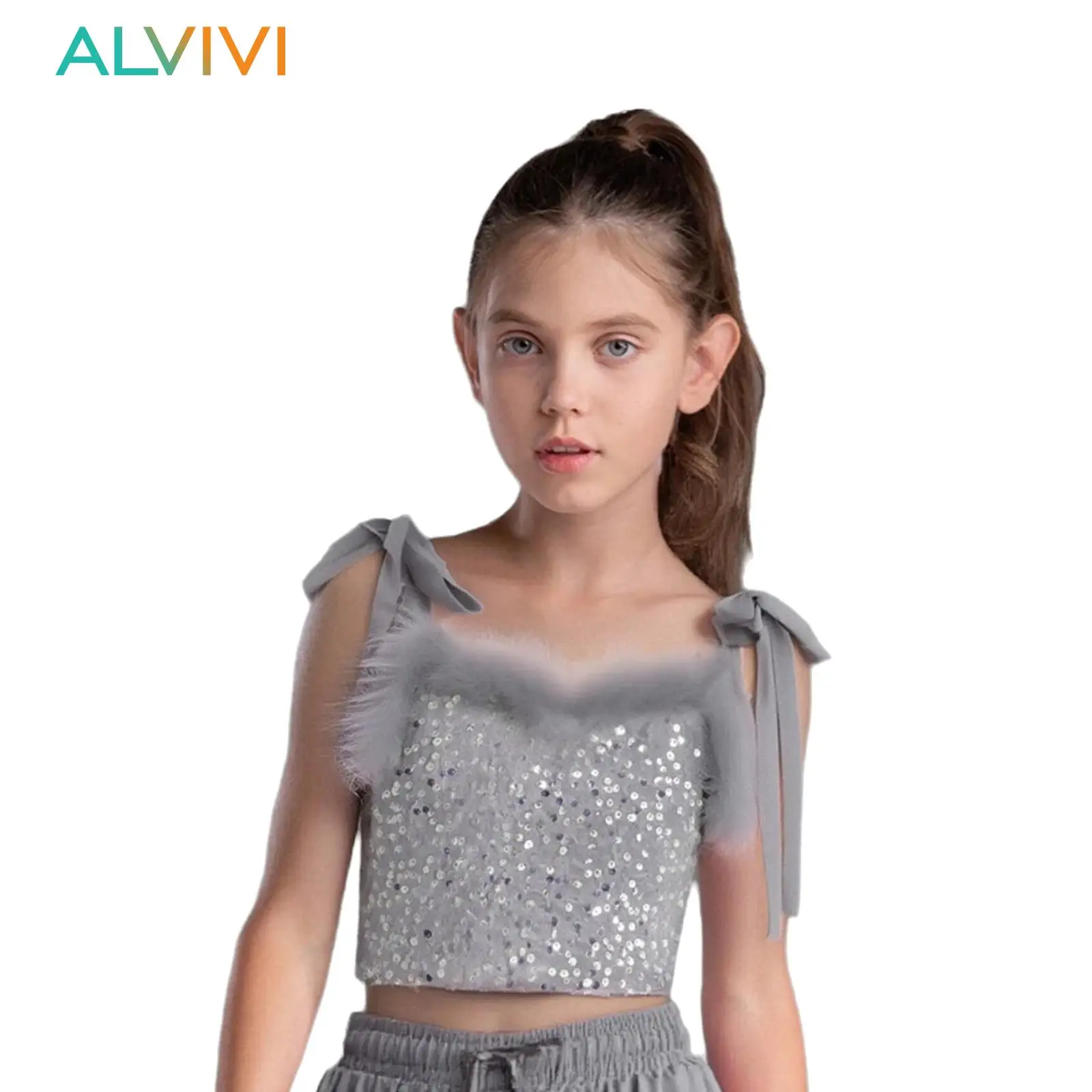 

Kids Girls Hip-Hop Jazz Dance Camisole Tops Lace-up Straps Feather Trim Glittery Sequins Crop Top Party Performance Costume