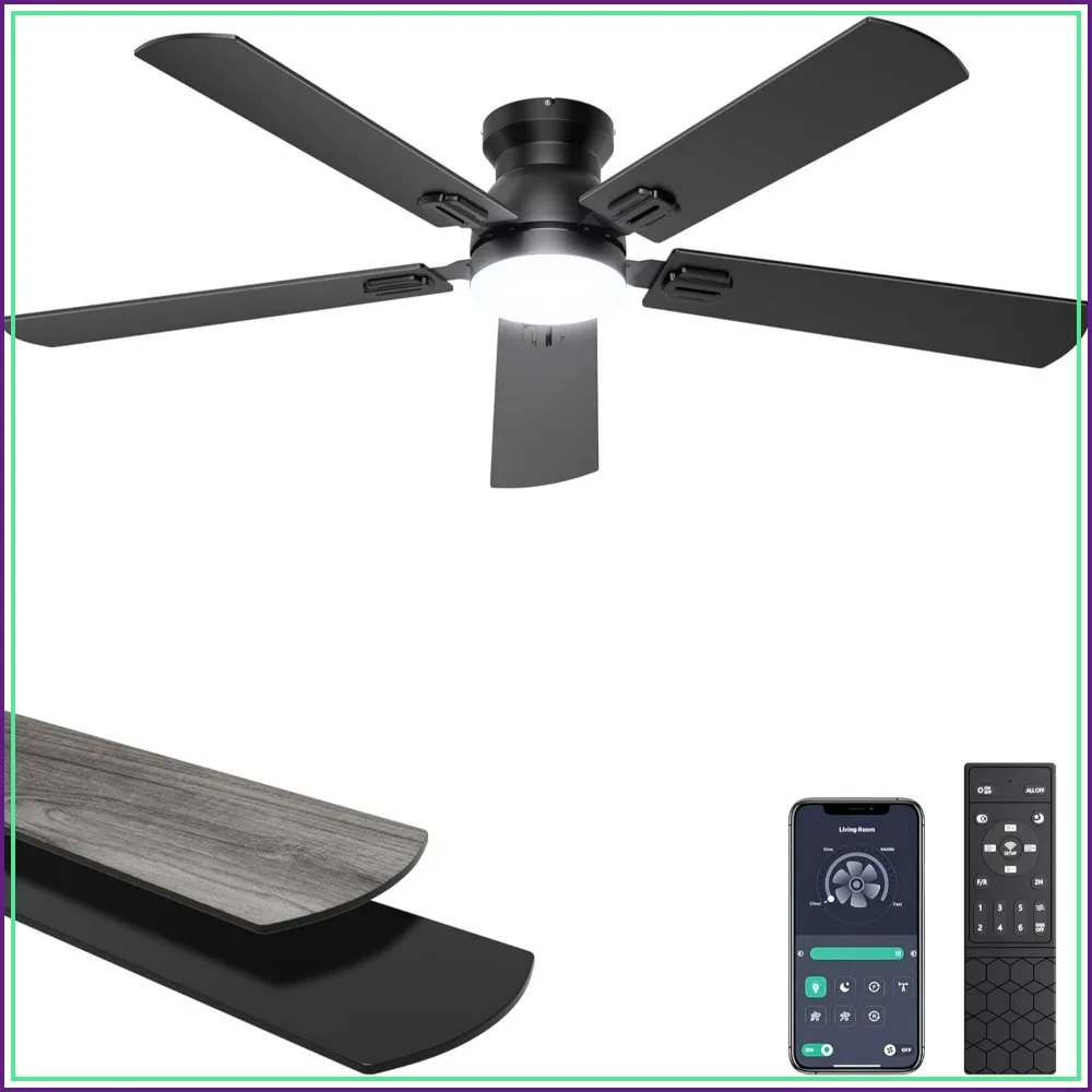 

52" Low Profile Ceiling Fan with Lights, Remote/APP Control, Flush Mount, Dimmable, Quiet DC Motor, Black Fan for Bedroom, Living Room