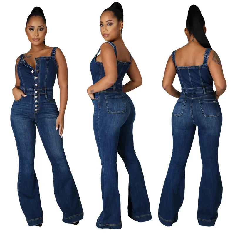 Womens Jumpsuits Vintage 2021 Summer Patchwork Denim Jumpsuit Sexy Bodycon Sleeveless Full Body Feminino Elegant Button Rompers