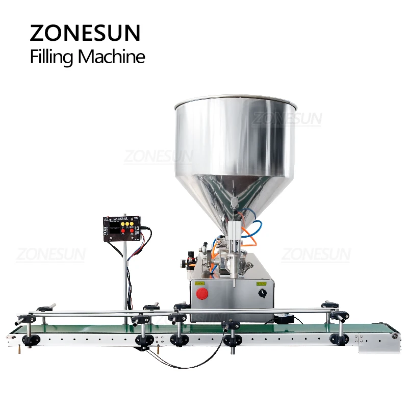 ZONESUN Viscous Liquid Filling Machine Automatic Paste Filler with Conveyor Chili Sauce Gel Peanut Butter Packaging ZS-DTGT1P