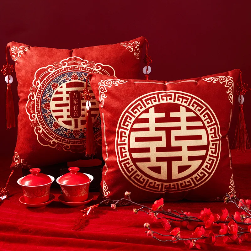 Chinese Traditional Red Xi Throw Pillow Soft Cushion Pillow Wedding Decorative Engaged Gifts New Year  Living Room Home Decor