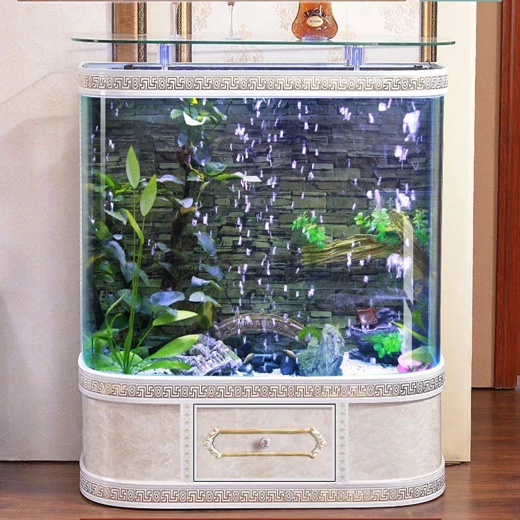 A Goldfish tank living room household glass one-click drainage 1.2m medium and large floor-to-ceiling aquarium against the wall