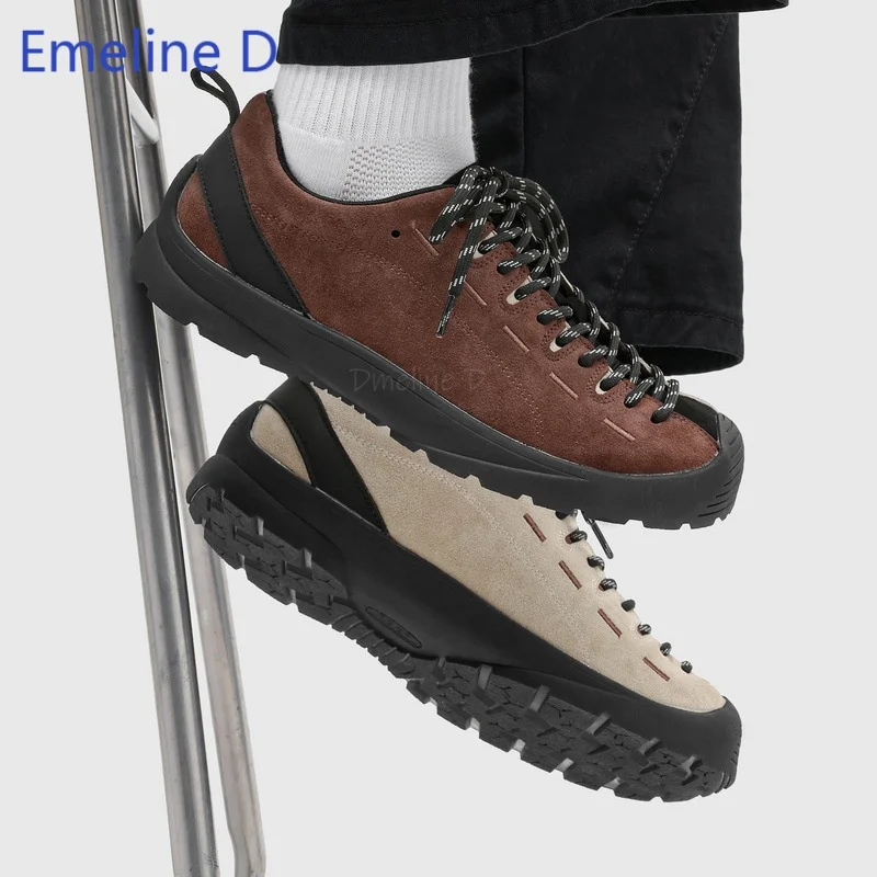 Low Top Outdoor Sneakers Multi Tone Matte Suede Upper Full Eyelet Lace Closure Guard Toe Thin Shock Flat Comfortable Footwear