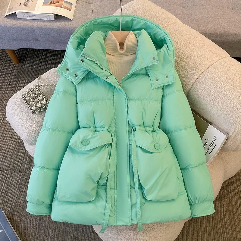 ใหม่กลางยาวHoodedฤดูหนาวผู้หญิงลําลองหลวมWindproof Parkasผ้าฝ้ายอุ่นเบาะแจ็คเก็ตเสื้อกันหนาวหิมะหญิงOuterwear