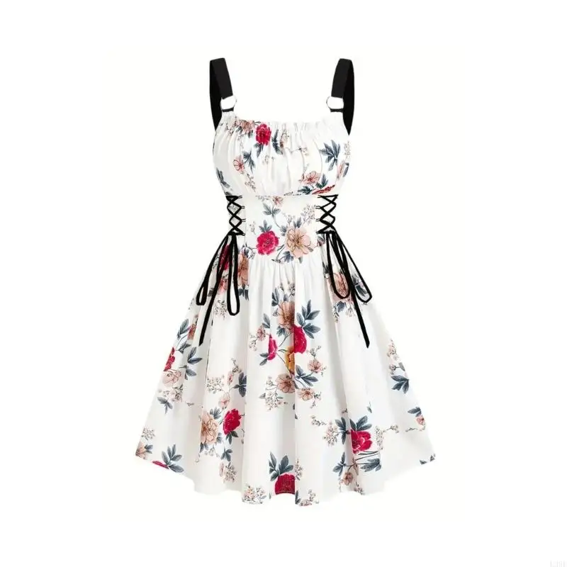 L38E Adjustable Waistband Flower Dress Breathable Sleeveless Dress Florals Print Stylish Pattern Daily Outfit