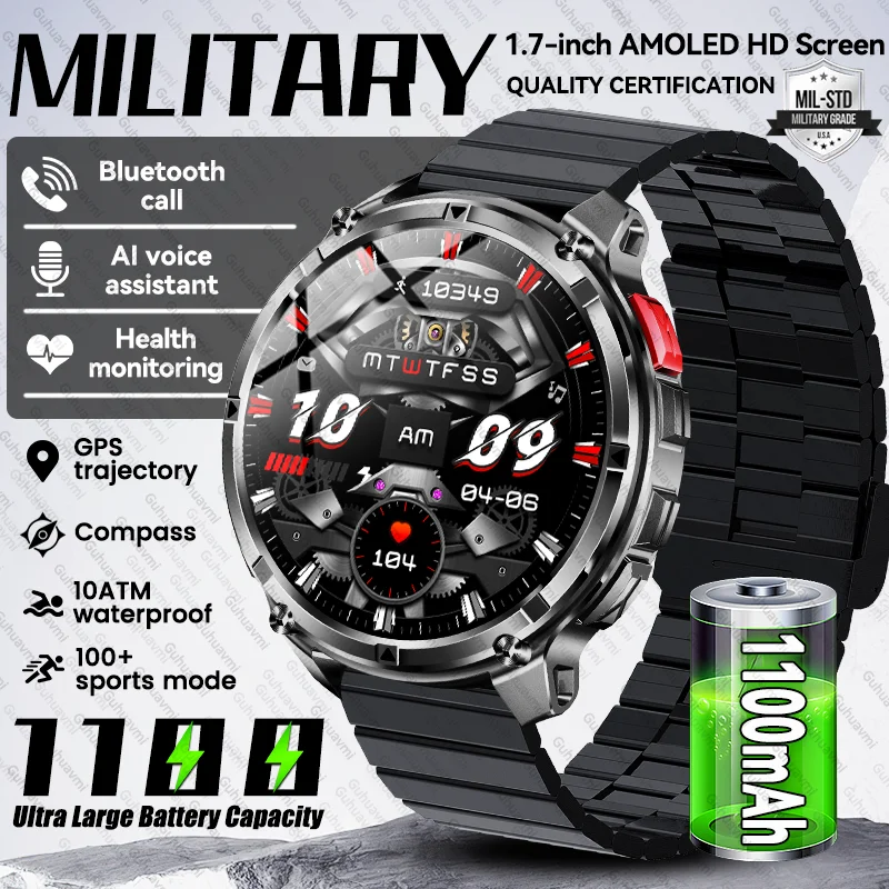

Military Grade Men 1100mAh Large Battery Smart Watch 1.7" HD Screen AI Voice Call Watch GPS Compass Waterproof Sports Smartwatch