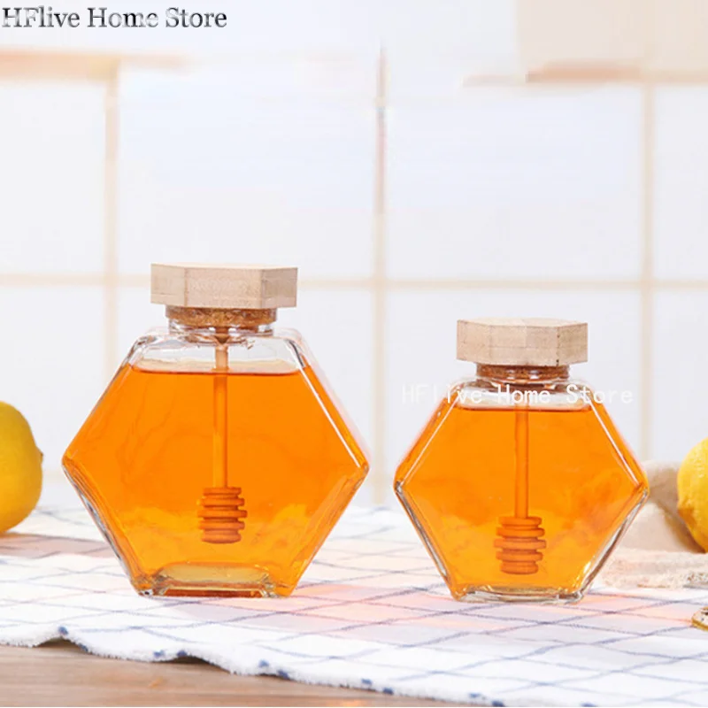 Hexagonal Glass Honey Bottle Wooden Stirring Rod Honey Packaging Bottle 110/220/380ML Small Honey Bottle Container Jar