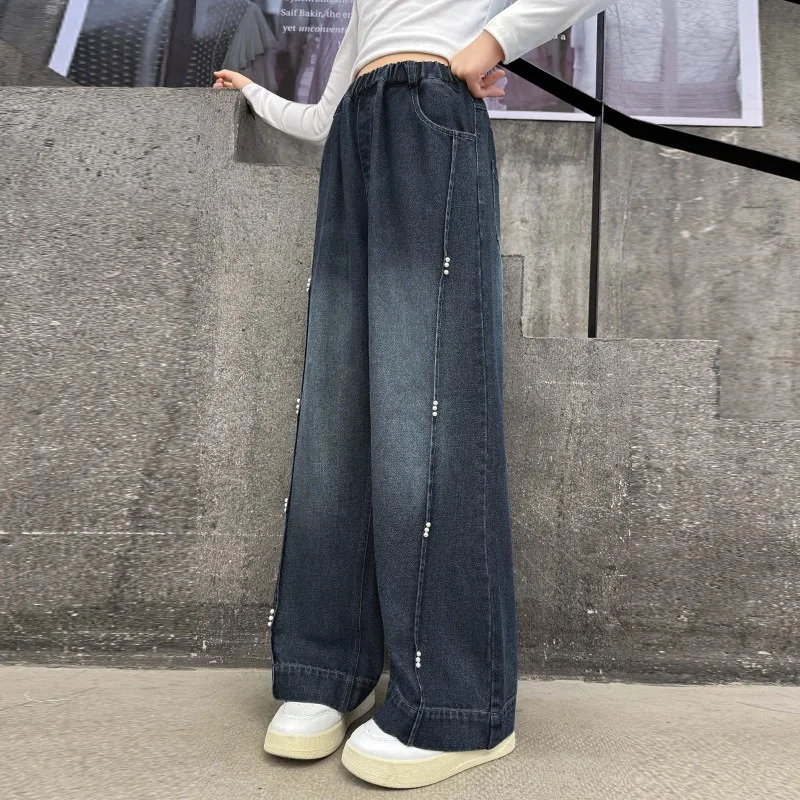 UNITIM Herbst Kinder-Jeans mit Liebes-Stickerei, Gerade Hosen für Junge Mädchen, Lose Elastische Taille, Denim-Hosen für Junge Teenager-Mädchen – Detail 2